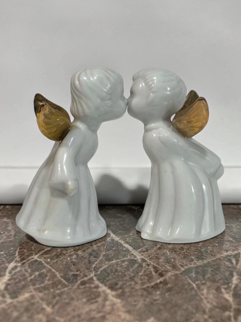 Vintage Boy & Girl Ceramic Porcelain Kissing Angels with Gold Wings Figurines